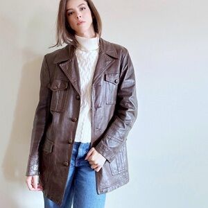 Vintage Dark Brown Leather Button-Front Jacket.